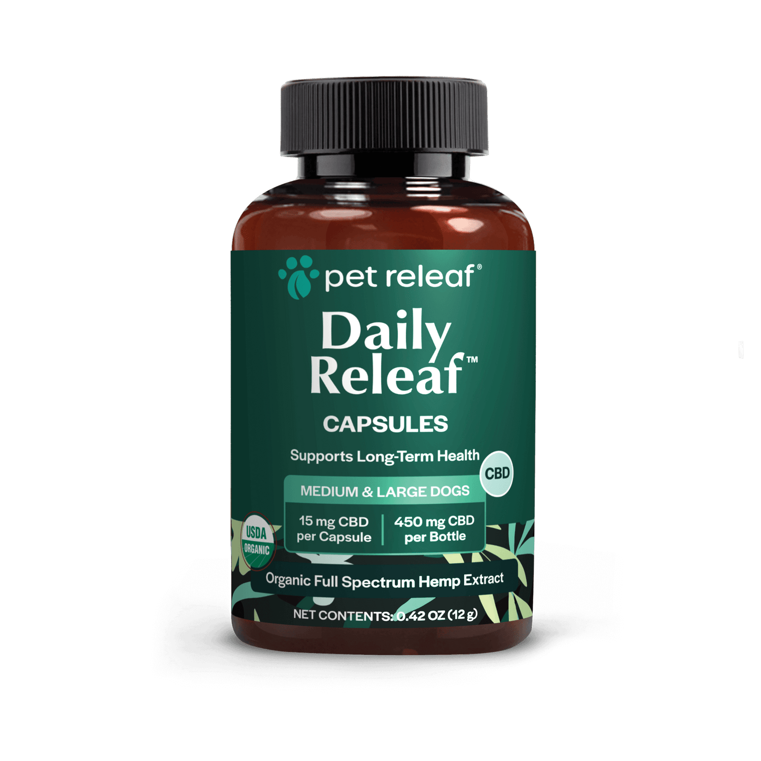 Bottle of Daily Releaf CBD capsules for dogs .