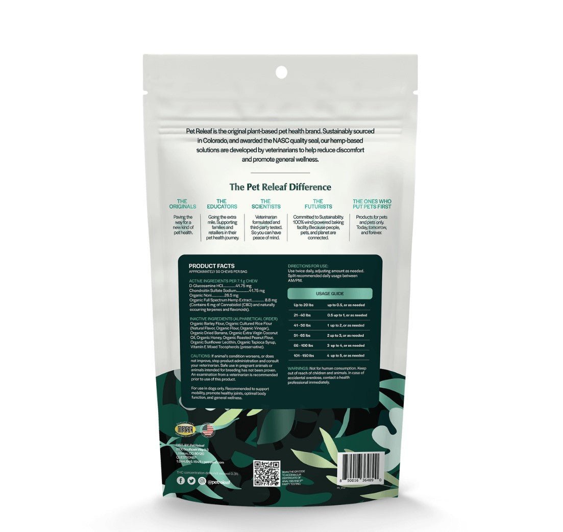 Back of Bag Hip & Joint Releaf For Aging Dogs Organic Hemp Chews for Dogs - Travel Size ($12.00) - The Squeaky Toy