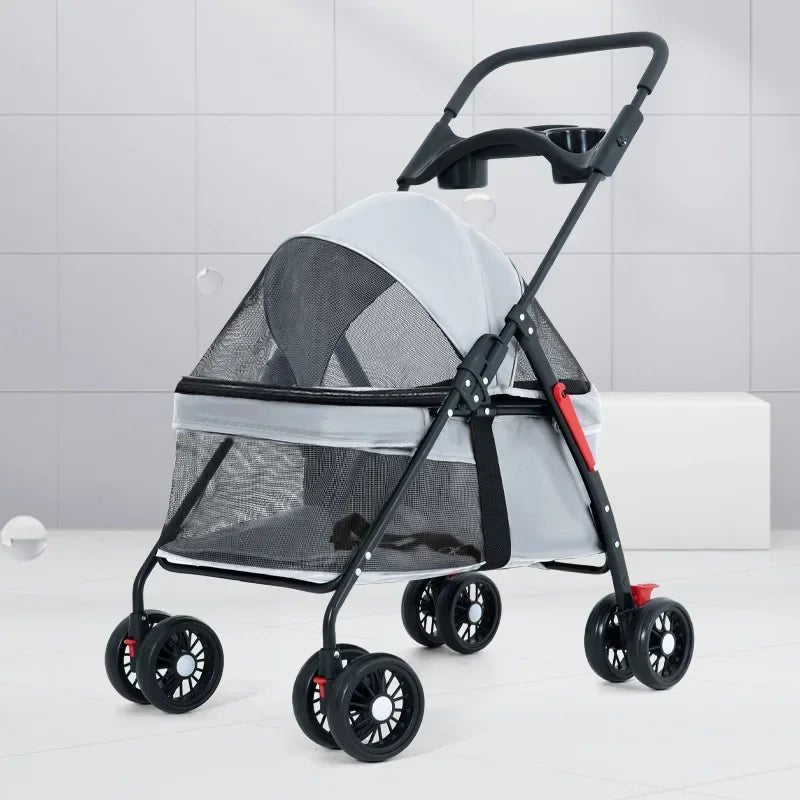 Grey Pet Stroller Detachable and Easy Folding Travel Breathable Aluminum Cat Dog Baby with Storage Basket - The Squeaky Toy