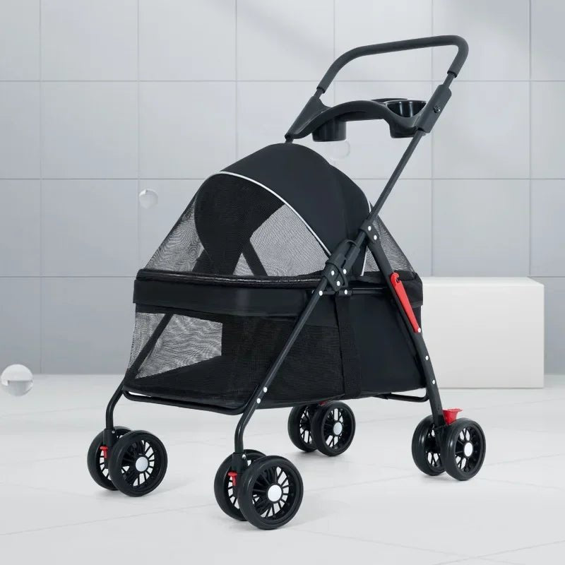 Black Pet Stroller Detachable and Easy Folding Travel Breathable Aluminum Cat Dog Baby with Storage Basket - The Squeaky Toy