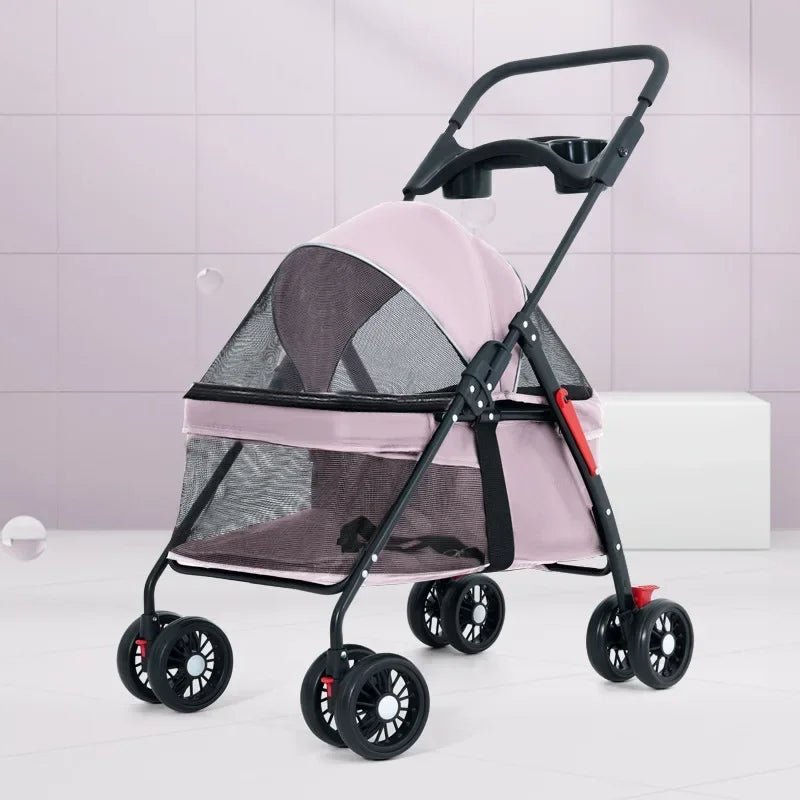 Pink Pet Stroller Detachable and Easy Folding Travel Breathable Aluminum Cat Dog Baby with Storage Basket - The Squeaky Toy
