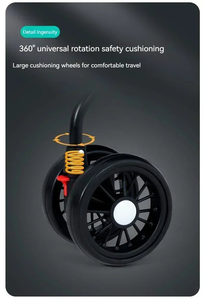 Wheel and shocks Detail for easy folding, aluminum Travel Pet Stroller for Dogs with Storage Basket - The Squeaky Toy