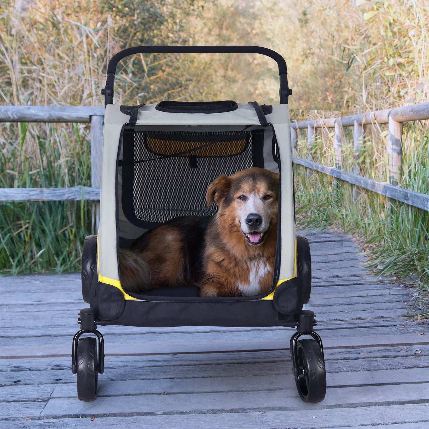Rear Entry View of Portable, Foldable Dog 4 Wheel Stroller for Large Dogs for Outside Transportation - The Squeaky Toy