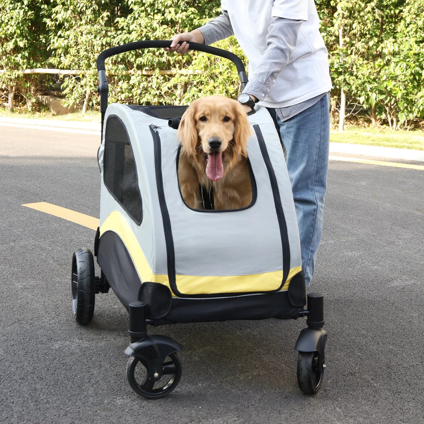 Dog Riding in Portable, Foldable Dog 4 Wheel Stroller for Large Dogs for Outside Transportation - The Squeaky Toy