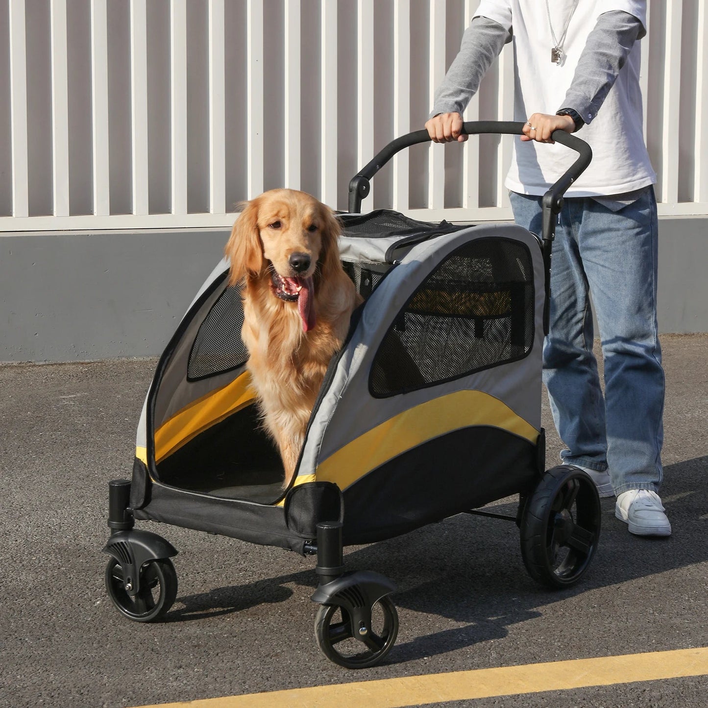 Portable, Foldable Dog 4 Wheel Stroller for Large Dogs for Outside Transportation - The Squeaky Toy