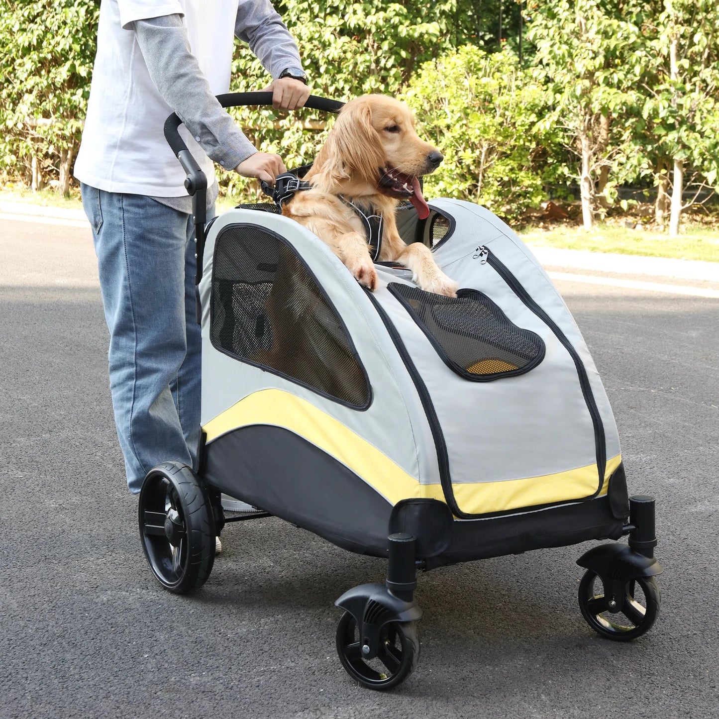 Dog Riding in Portable, Foldable Dog 4 Wheel Stroller for Large Dogs for Outside Transportation - The Squeaky Toy