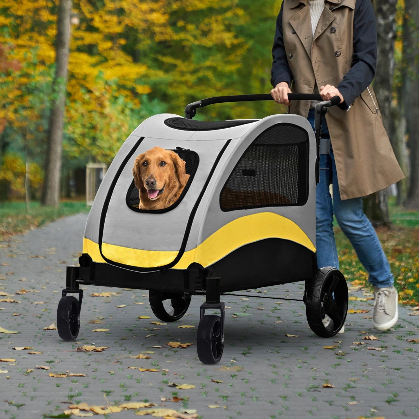 Dog riding in Portable, Foldable Dog 4 Wheel Stroller for Large Dogs for Outside Transportation - The Squeaky Toy