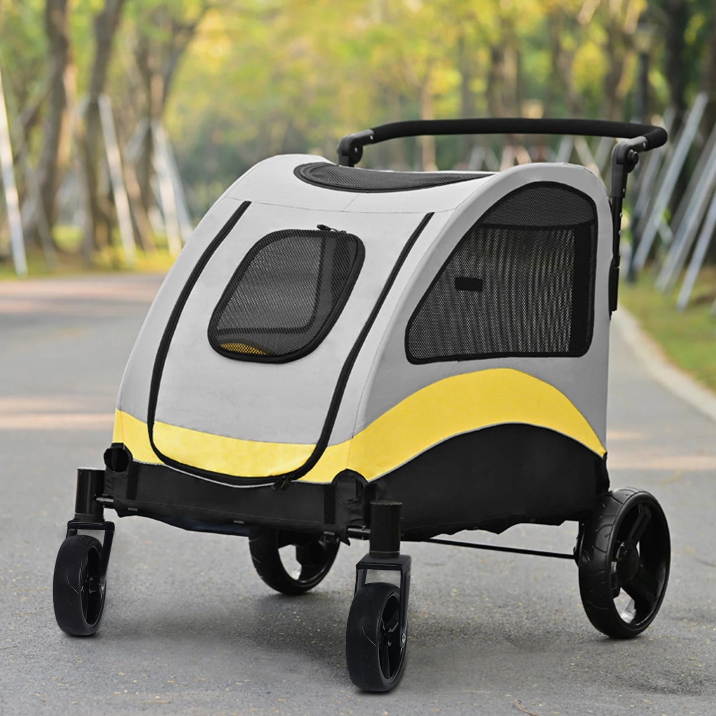 Yellow Portable, Foldable Dog 4 Wheel Stroller for Large Dogs for Outside Transportation - The Squeaky Toy
