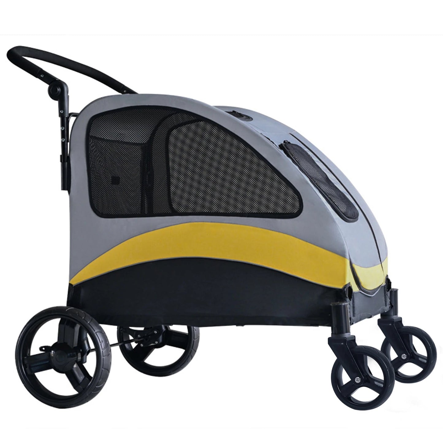 side view yellow Portable, Foldable Dog 4 Wheel Stroller for Large Dogs for Outside Transportation - The Squeaky Toy