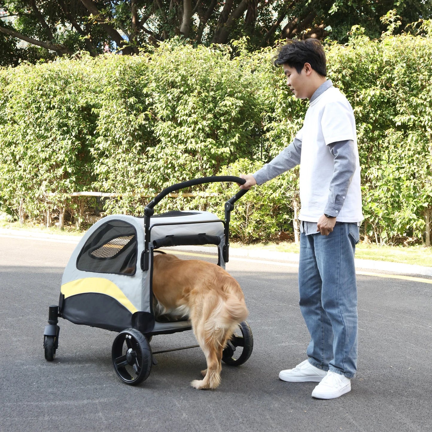 Dog entering Portable, Foldable Dog 4 Wheel Stroller for Large Dogs for Outside Transportation - The Squeaky Toy