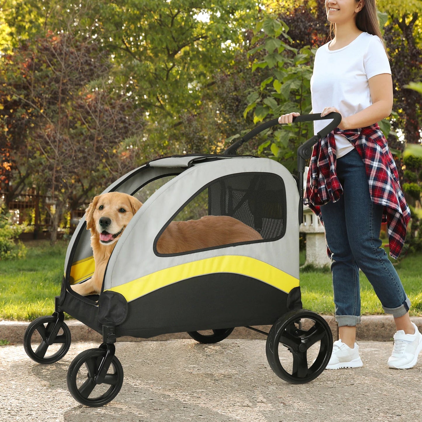 Side View of Portable, Foldable Dog 4 Wheel Stroller for Large Dogs for Outside Transportation - The Squeaky Toy