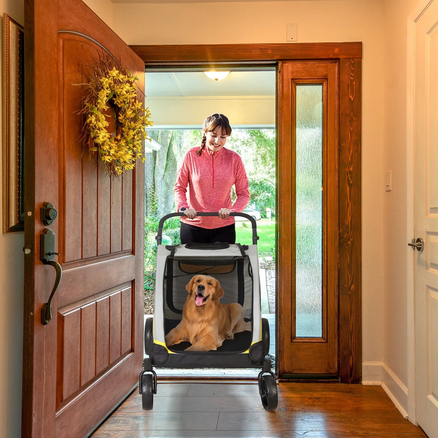 bringing the Portable, Foldable Dog 4 Wheel Stroller for Large Dogs for inside the home - The Squeaky Toy