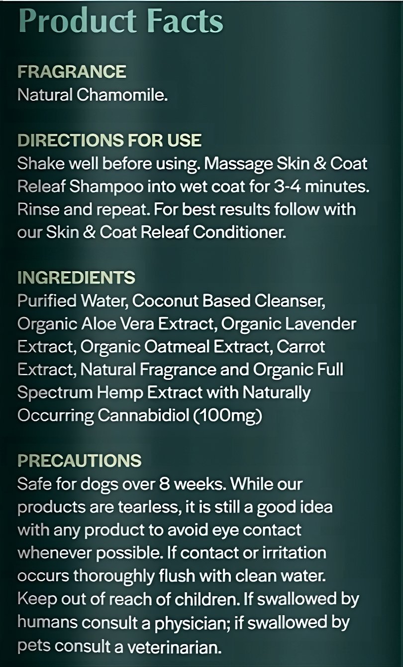 Information from bottle of Skin and Coat Releaf Shampoo for Itchy & Dry Skin - The Squeaky Toy