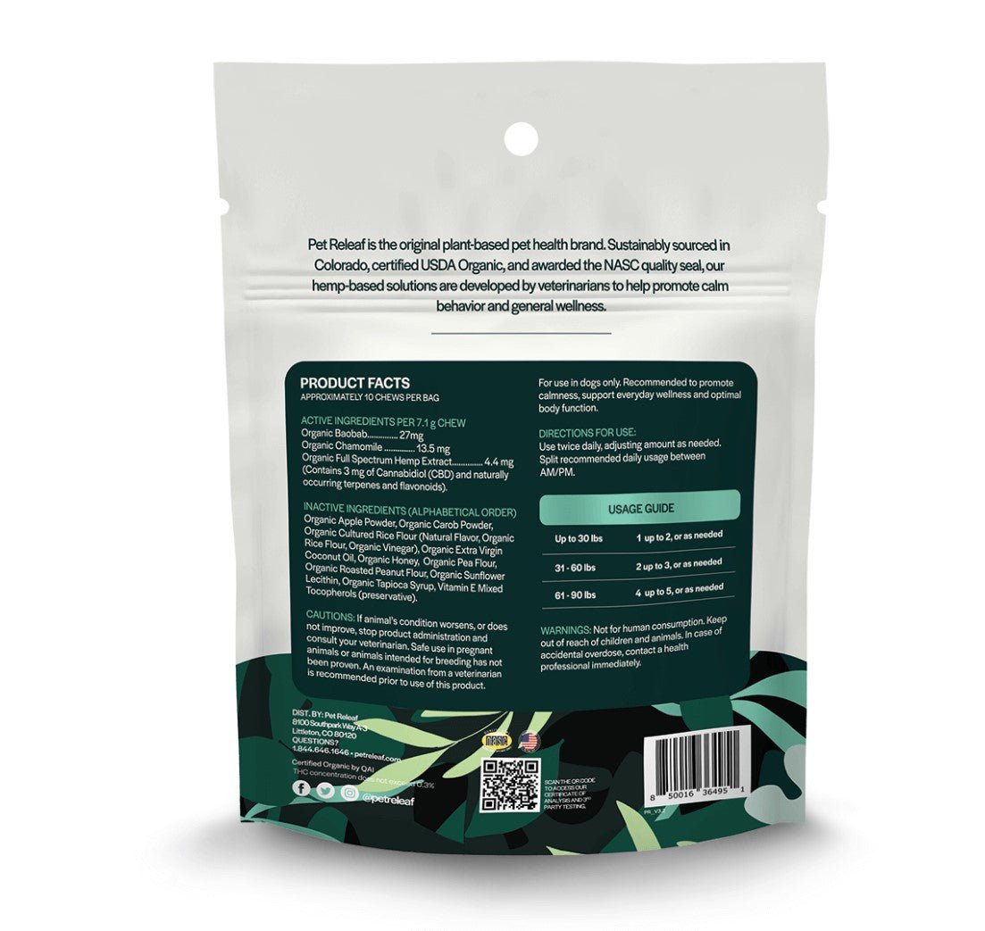 Back of Bag Stress Releaf Hemp Edibites For Small Dogs – Peanut Butter (24.99) - The Squeaky Toy