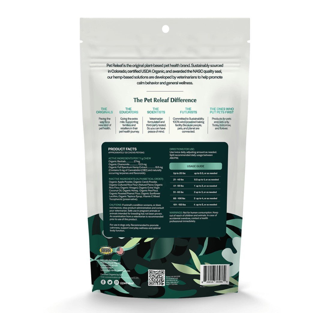 Back of the Bag Stress Releaf Hemp Extract Edibites For All Dogs - Travel Size - The Squeaky Toy