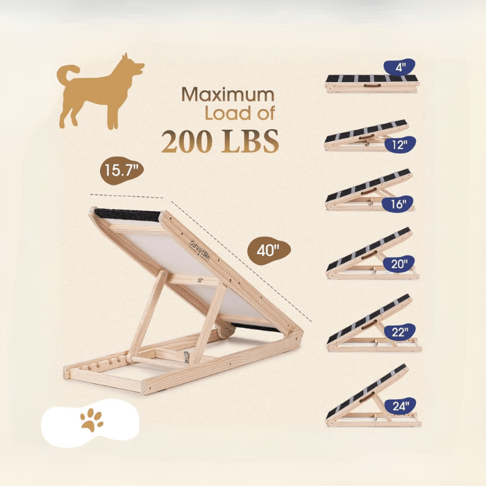 Wooden Adjustable Pet Ramp - Non Slip Carpet Surface and Foot Pads - 40" Long and Adjustable from 12” - The Squeaky Toy