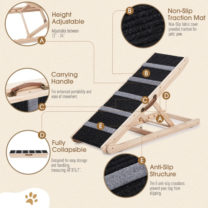 Wooden Adjustable Pet Ramp - Non Slip Carpet Surface and Foot Pads - 40" Long and Adjustable from 12” - The Squeaky Toy