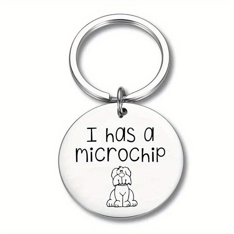 Silver Round Pet ID Tag – “I Has a Microchip” Engraved Stainless Steel Dog Tag – Durable, Rust-Resistant Pet Name Tag with Split Ring for Collar