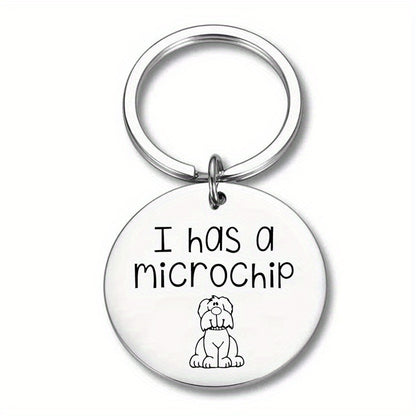 Silver Round Pet ID Tag – “I Has a Microchip” Engraved Stainless Steel Dog Tag – Durable, Rust-Resistant Pet Name Tag with Split Ring for Collar