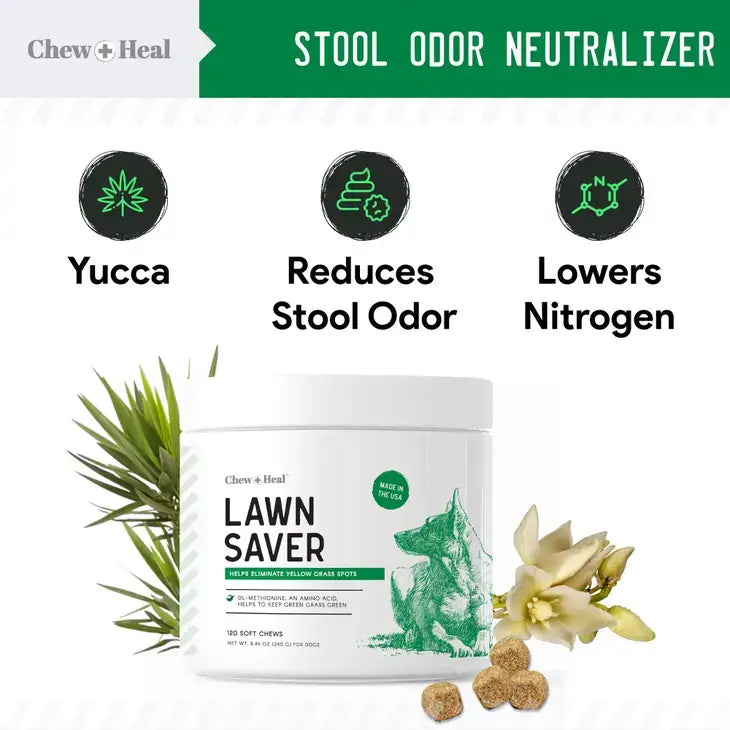 Chew + Heal Stool Odor Neutralizer. With Yucca. Reduces Stool Odor and Lowers Nitrogen. Helps eliminate yellow Grass spots. 