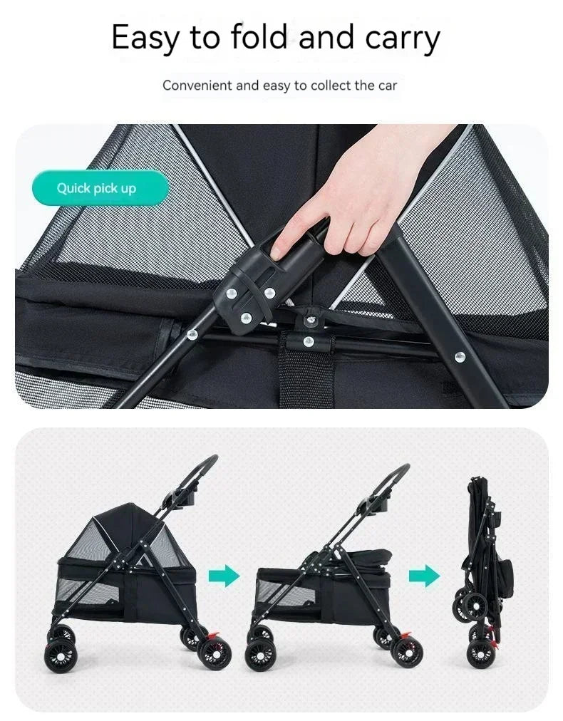 Pet Stroller Detachable and Easy Folding Travel Breathable Aluminum Cat Dog Baby with Storage Basket Outdoor Cat Dog Transporter