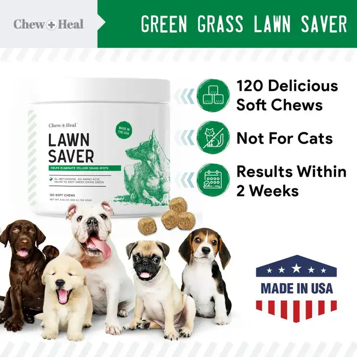 Chew + Heal Green Grass Lawn Saver. 120 soft chews. Helps to keep green grass green. Results within 2 weeks. Made in the USA