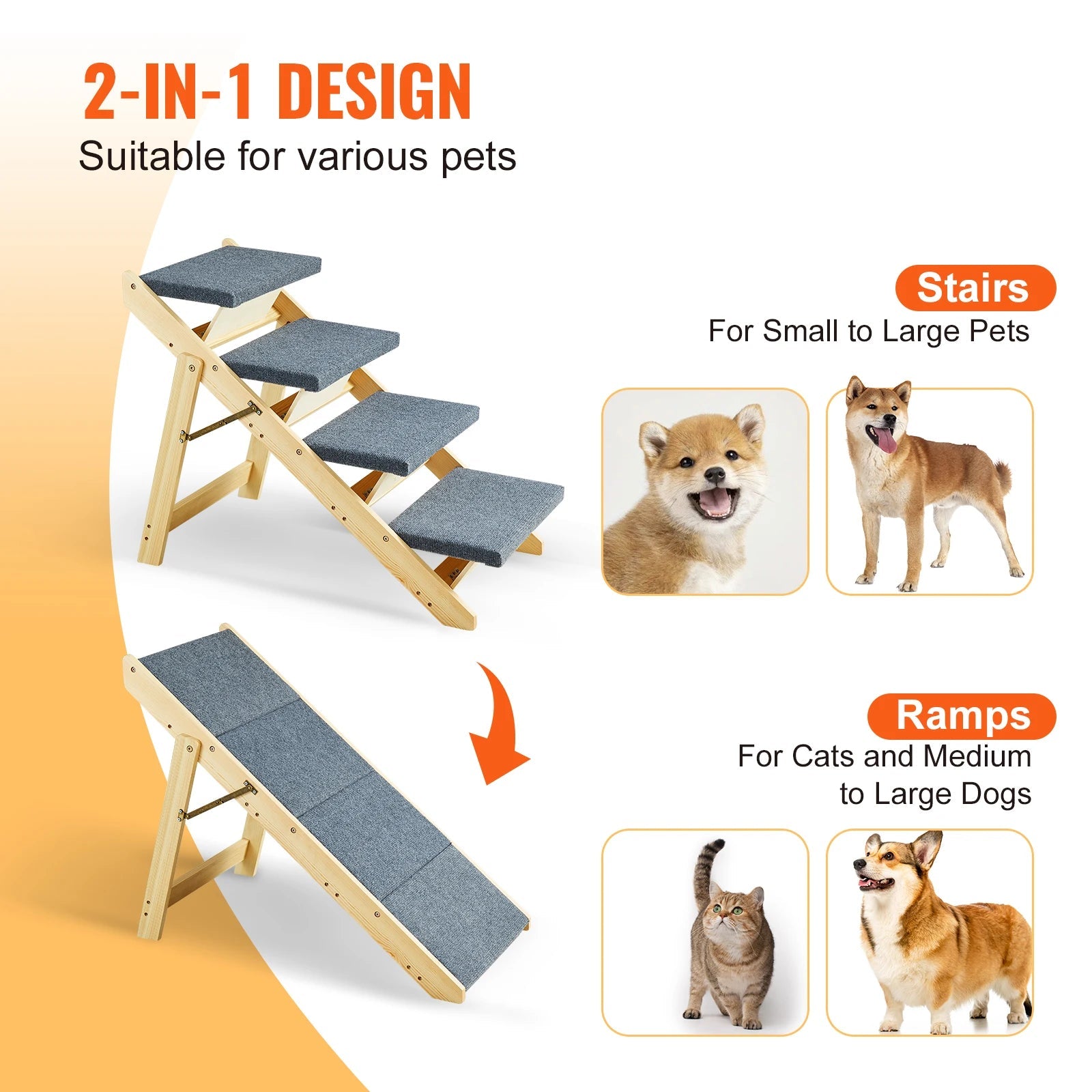 VEVOR Wooden Pet Steps and Ramp Combo 2 - in - 1 Design Foldable Access for Beds Steps Structure for Pets of Small to Large Size - The Squeaky Toy