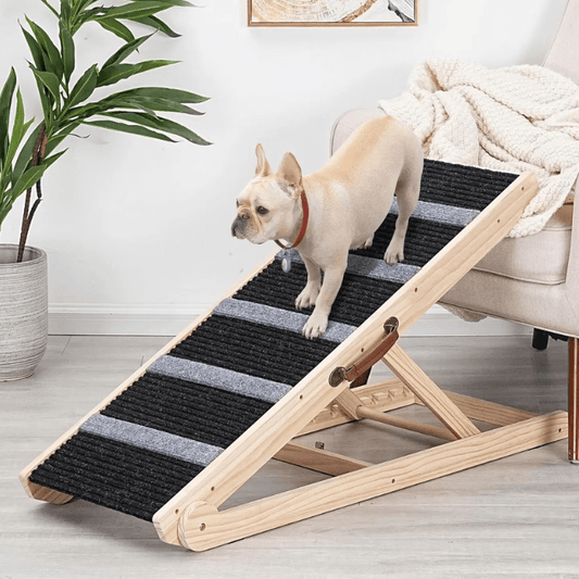 Wooden Adjustable Pet Ramp - Non Slip Carpet Surface and Foot Pads - 40" Long and Adjustable from 12” - The Squeaky Toy